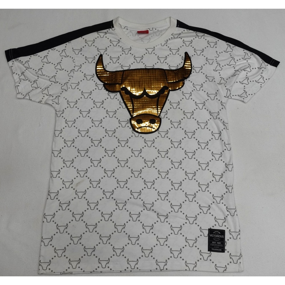 Victorious Shirt Mens XL White Gold Bull Graphic Allover Print Tee Streetwear